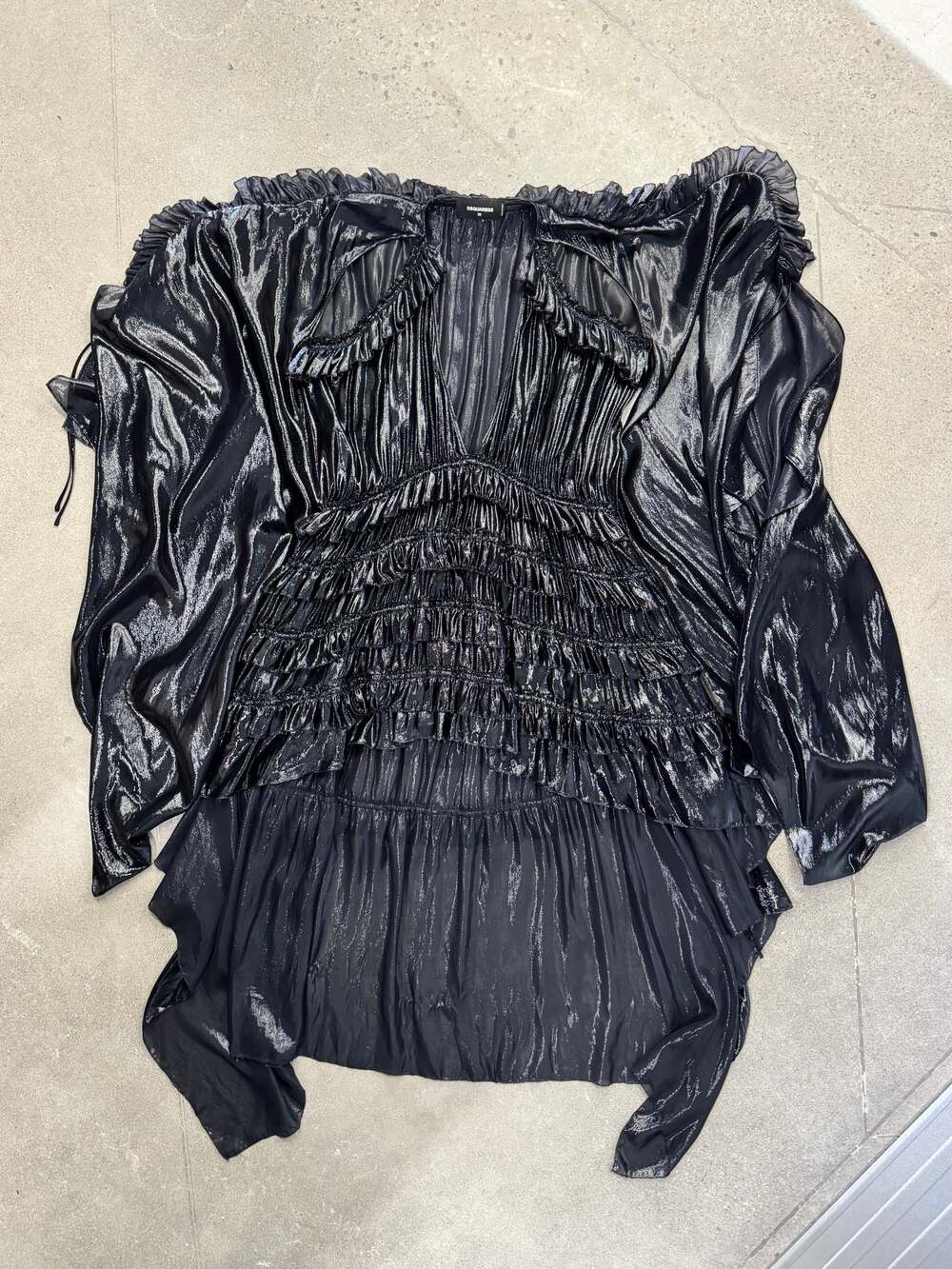 DSquared2 Plissé Ruffled Asymmetrical Liquid Metallic Cape Dress - S
